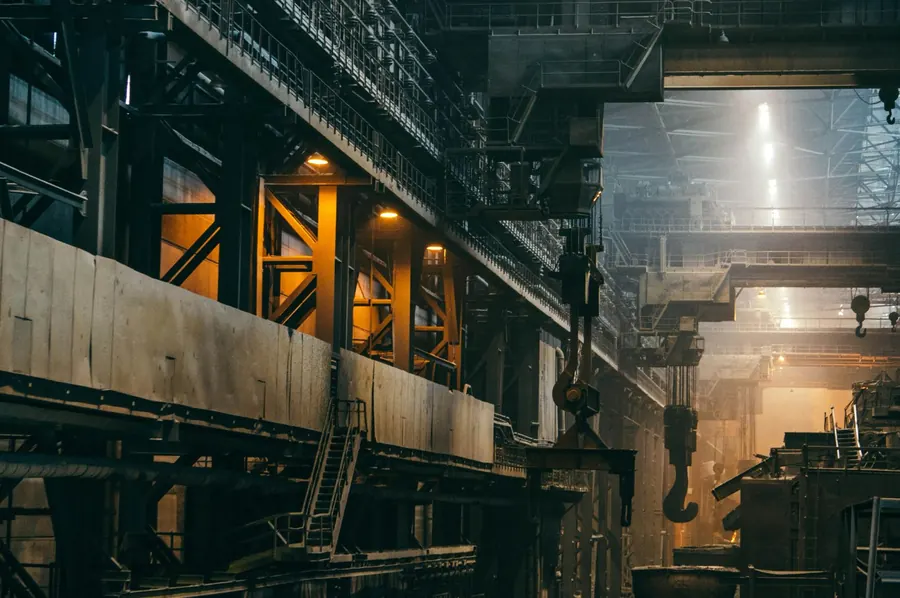 Inside a steel plant, overhead crane hooks under the roof